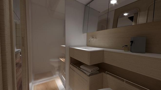 Xp 55 Owner's head with separate shower compartment and new joinery unit with Corian counter top. © X-Yachts